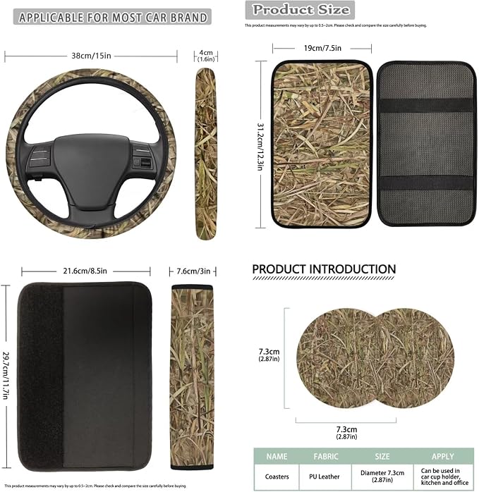 Bulopur Deer Hunting Camouflage Auto Seat Covers Full Set with Matching Steering Wheel Cover Center Console Cushion Auto Seat Belt Covers Coasters 14 PCS Car Interior Decor Set