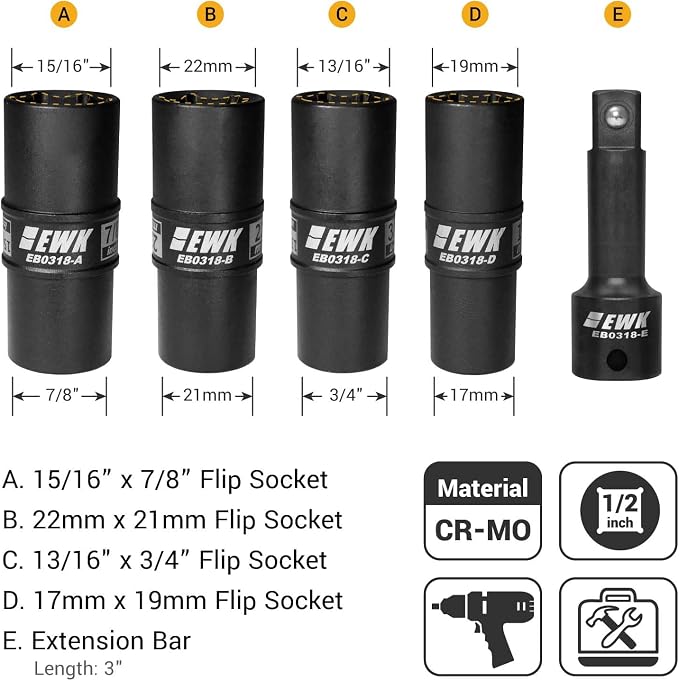 EWK 1/2 in Drive Thin Wall Flip Lug Nut Impact Socket Set, 8-in-4 Metric & SAE Flip Sockets 17mm 19mm 21mm 22mm 3/4", 13/16", 7/8", 15/16" with 3" Extension Bar for Wheel & Tire Service