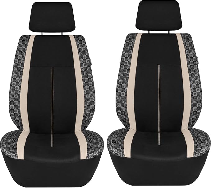 We Are Young Life is Fun™ Checker Car Seat Covers Universal Fit Interior Accessories Full Set Beige Seat Cover Combo Steering Wheel Cover and Seat Belt Pads, Airbag and Split Rear Car Seat Covers