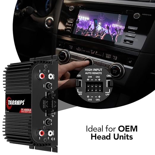 Taramps TS 400x4 2 Ohms Black Multichannel Stereo Amplifier 400 Watts Rms, 4 Channels, Full Range, Car Audio Digital 2 Bridged Channel, Crossover High/Low Pass, with RCA and Automatic High Level Input