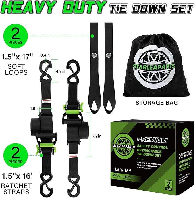 Retractable Ratchet Straps (2pk) -Patented | 1.5 in x 16 ft Heavy Duty Auto Ratchet Straps with Soft Loops | Perfect Automatic Tie Downs for Motorcycle,Kayak and Truck | Break Strength 5,000LBS/2268KG
