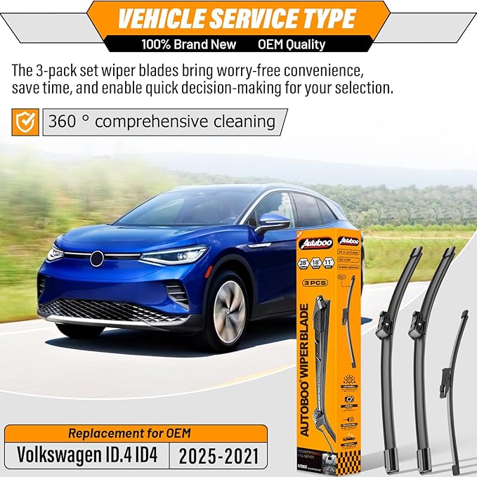 OEM Windshield Wiper Blade Replacement for VW Volkswagen ID.4 ID4 2021 2022 2023 2024 2025 Original Equipment All -Season Rear Wiper Blade Set 28+18+11 (Set of 3)