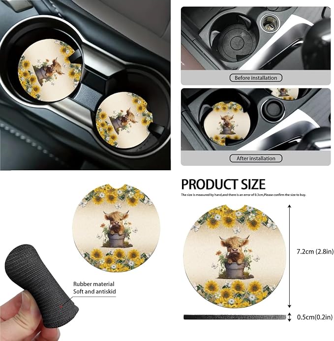 Wanyint Highland Cow Sunflower Car Front Back Seat Covers Full Set, with Car Steering Wheel Cover Safe Belt Pads Coasters Garbage Can Rear View Mirror Cover Keychain Air Vent Storage Holder, Set of 15