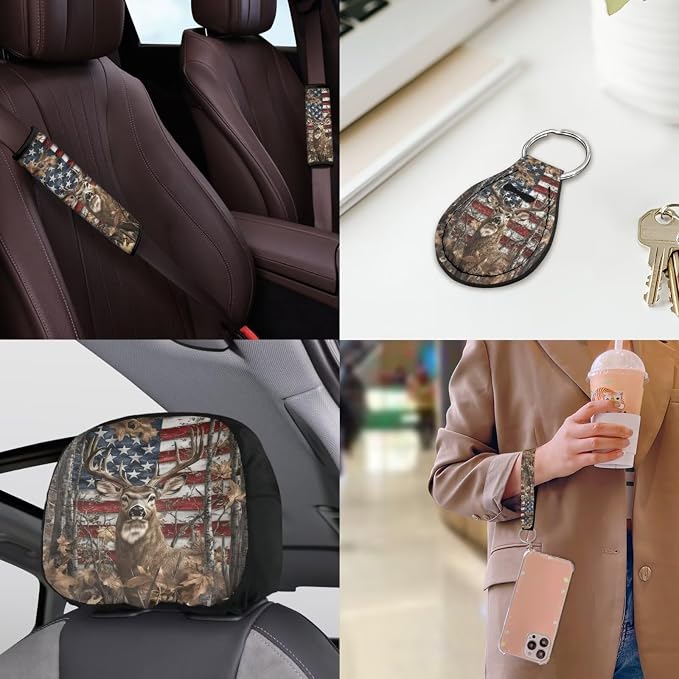 American Flag Reindeer Car Seat Covers Full Set 18 Pieces American Flag Car Interior Accessories Set Steering with Universal Fit Wheel Cover Maple Leaf Print Car Headrest Covers Keychain