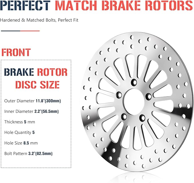 11.8" Front and Rear Brake Rotor Pad Set for Harley Davidson Touring Models, for Road King/Street Glide/Road Glide/Electra Glide 2008-2022, Mirror-Polished Stainless Steel Rotors, 3PCS