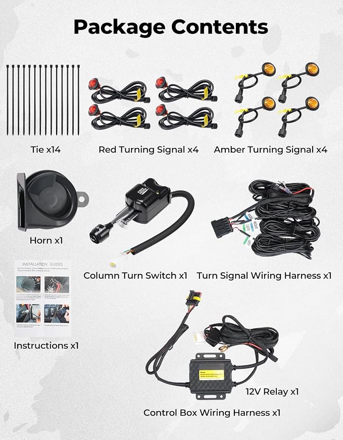 KEMIMOTO UTV Turn Signal Kit with Column Switch and Horn, 8 Hazard Lights, Plug-and-Play Pre-wired Street Light Street Legal Blinker Kit Compatible with Polaris Ranger, RZR, Can-Am, CFMOTO