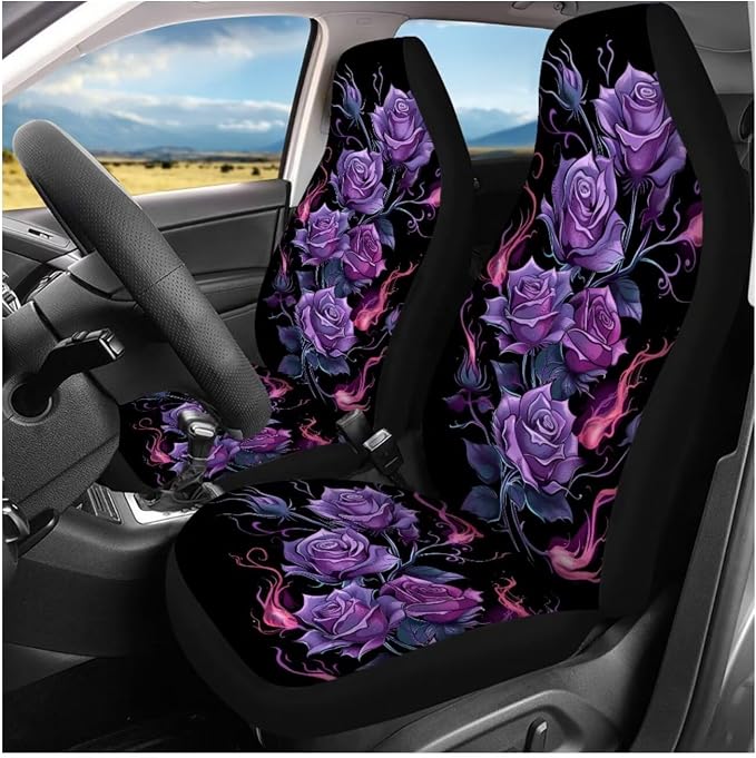 Ystardream Elegant Floral Car Seat Covers Full Set Car Accessories for Teen Girly Interior Cute Set Polyester Fabric Vehicle Seat Protector Covers with Steering Wheel Cover Machine