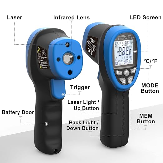 Infrared Thermometer Gun - BTMETER BT-985C Non Contact 16:1 IR Laser Temperature Gun Digital Instant Read -50℃~800℃(-58℉~1472℉) for Food Cooking Kitchen Grilling HVAC (NOT for Human Temp)