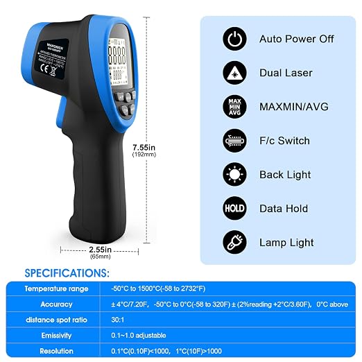 Pyrometer 30:1 Non-Contact High Temp Thermometer Gun-58℉ to 2732℉ (-50℃ ~ 1500℃) IR Thermometer Gun with Mobile APP for Pizza ovens, Kiln, Forge RQ-1500APP【Not for Human】