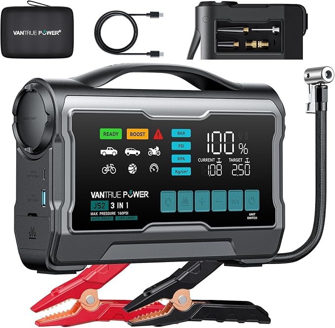 JS2 2500A Jump Starter with 160PSI Air Compressor, 12V Car Battery Booster with Display, Support 65W Charging Power Bank, Nozzles Storage Compartment- for 8L Gas/7L Diesel Engines