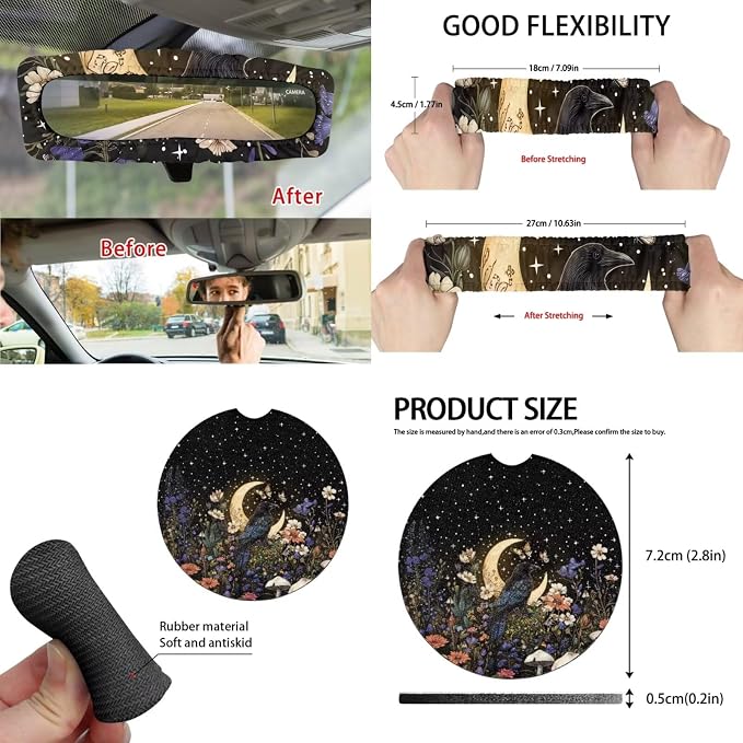 Moon Crow Seat Covers for Cars Full Set Universal Seat Covers Front and Back with Steering Wheel Cover Seatbelt Covers Car Coasters Trash Can Rearview Mirror Cover Keychain