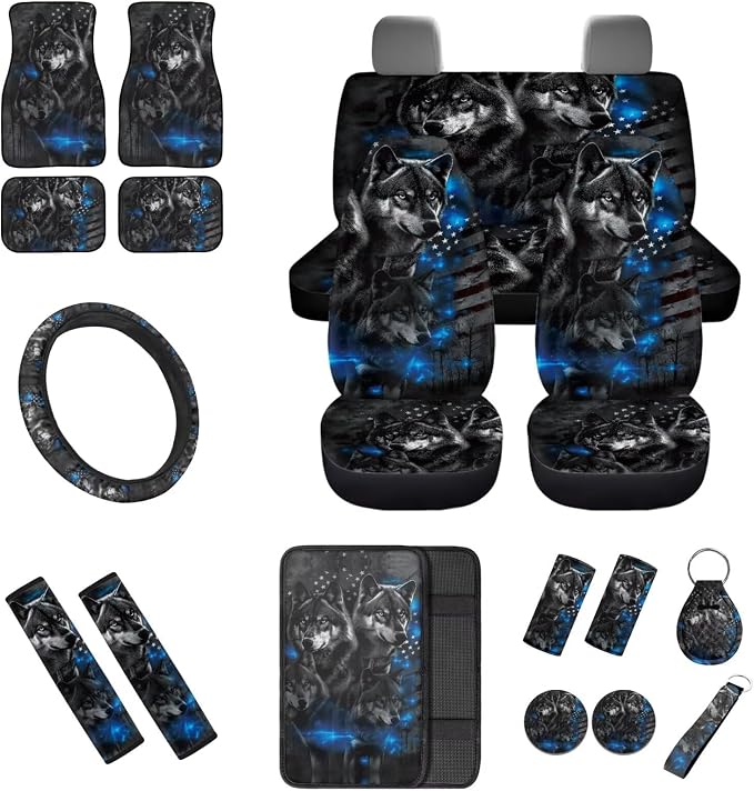 18 Pcs US Flag Gray Wolf Print Car Interior Accessories Set, Car Seat Covers Full Set with Auto Floor Mats Steering Wheel Cover Armrest Pad Handle Wraps Seat Belt Pads Cup Coaster Keychains