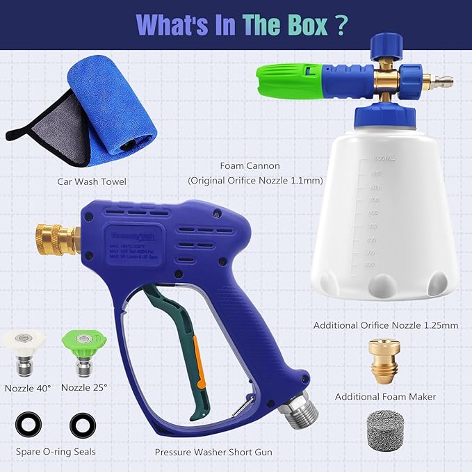 YeewayVeh Pressure Washer Gun and Foam Cannon Kit, 5000PSI Short Power Washer Gun with M22-14 Connector, 1/4 Inch Quick Foam Cannon Soap Sprayer with 2 Nozzles for Car Wash, Blue