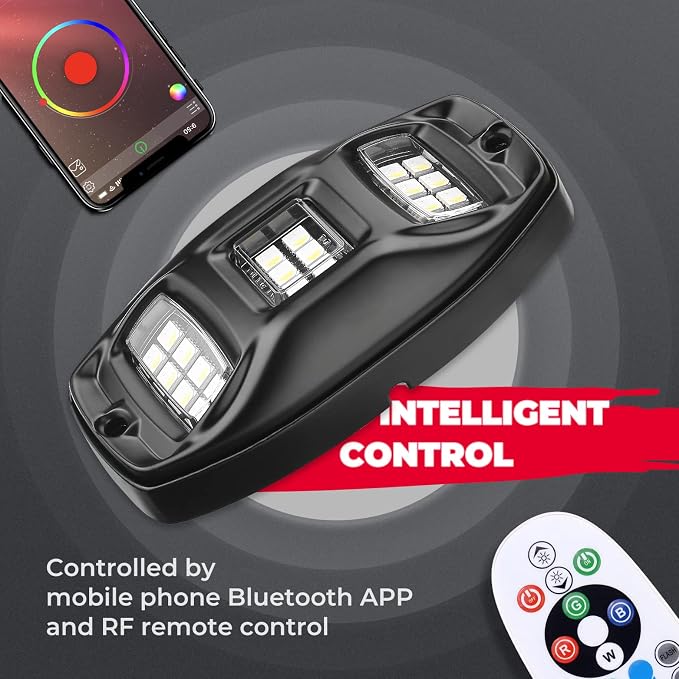 KEMIMOTO 4 Pods LED Rock Lights for Truck UTV, APP RF Dual Control Underglow Multicolor Neon Light Pod Universal Lighting for ATV, Car, Golf Cart, RV, Compatible with Can-Am X3 Polaris RZR Sportsman