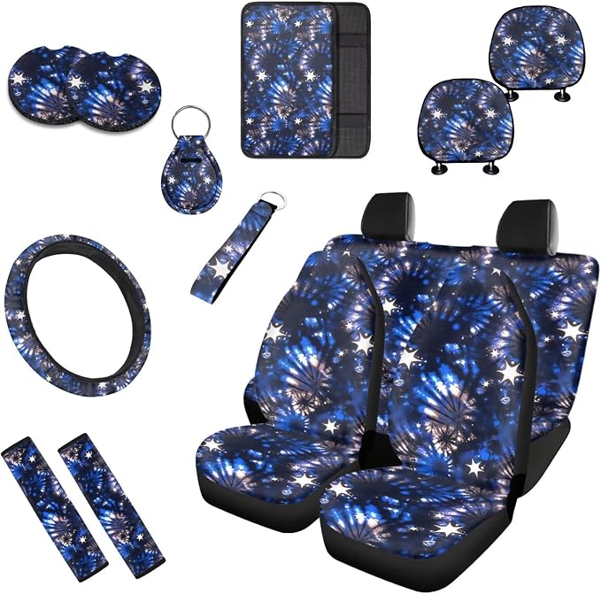 10 Pack Star Cluster Tie Dye Car Seat Covers, Galaxy Universe Blue Stars Front Rear Seat Covers Steering Wheel Cover Coasters, Modern Tie Dyeing Seat Belt Pads