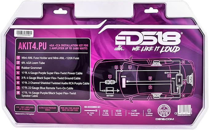 DS18 AKIT4.PU 4-GA Amplifier Installation Kit Up to 1680 Watts RMS, Mini-ANL Fuse Holder, Speaker & RCA Cables, CCA Amplifier Wiring Kit, Ultra Flex Wire, Amp Wire Kit, Amp Wiring Kit 4 Gauge - Purple