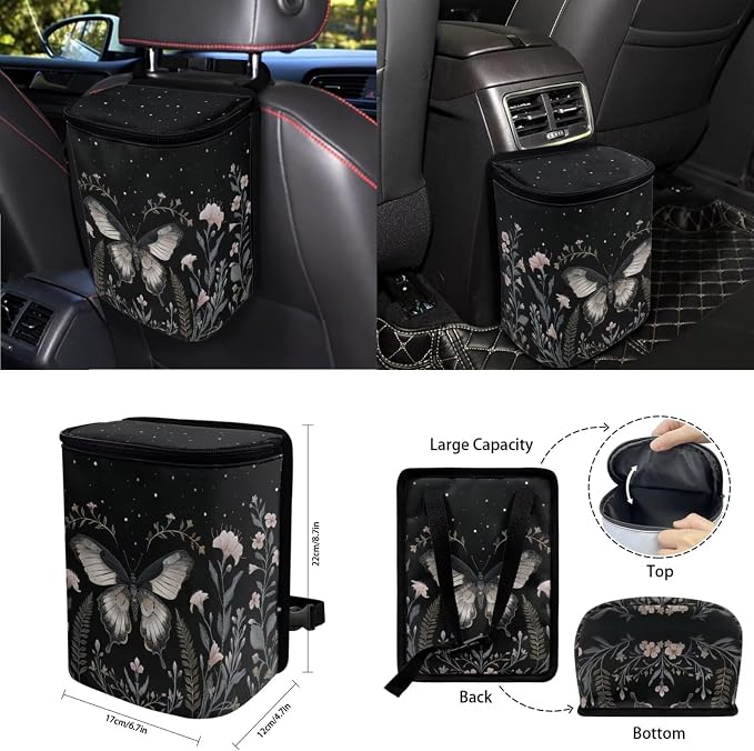 Lavender Moth Moon Floral Car Seat Covers Full Set 15 Pcs Universal Car Accessories Steering Wheel Cover Seat Belt Pads Garbage Bag Car Headrest Pillow Covers Armrest Pad