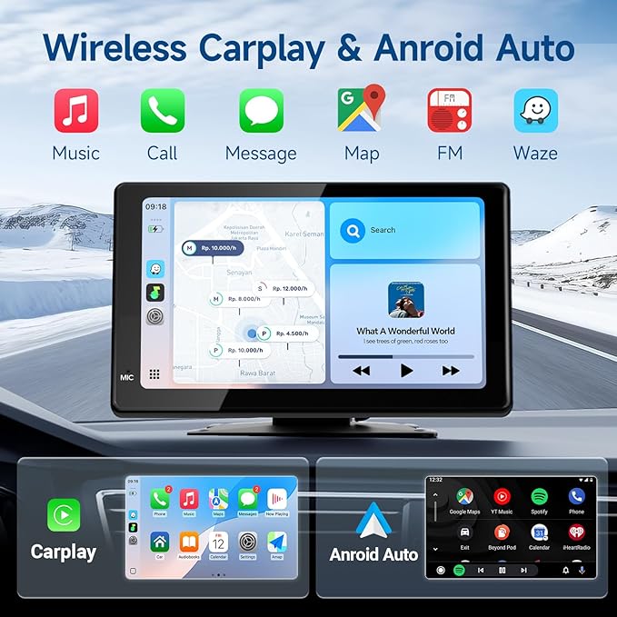 Haudio Portable Wireless Carplay Car Stereo, 7" HD Touchscreen for Car with Apple CarPlay & Android Auto with Backup Camera, GPS, Bluetooth, Voice Control, Mirror Link, FM, AUX, Universal Fit