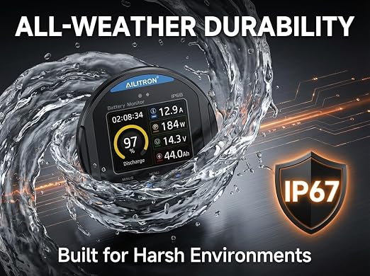 TR24 Battery Monitor with 50A Shunt, 8V-100V High-Precision Coulometer for LiFePO4, AGM & Lead-Acid TFT Color Screen for Small RV, Marine, Camper Van, Solar Off-Grid System, IP68 Waterproof