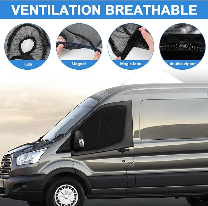 Magnetic Van Window Screens, 47 x 33 inches Double Layer Front Door Bug Screens (Pair), Universal Size for Transit Van, Promaster, Sprinter and Other Vans & Cars, Keeps Bugs Out Magnetic Bug Mesh