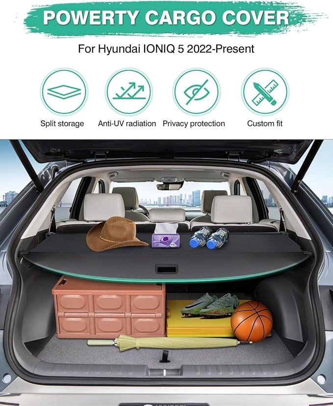 Powerty Retractable Cargo Cover for 2022-2026 Hyundai Ioniq 5 Canvas Texture Trunk Cover Privacy Screen Rear Security Shade for Ioniq 5 Accessories