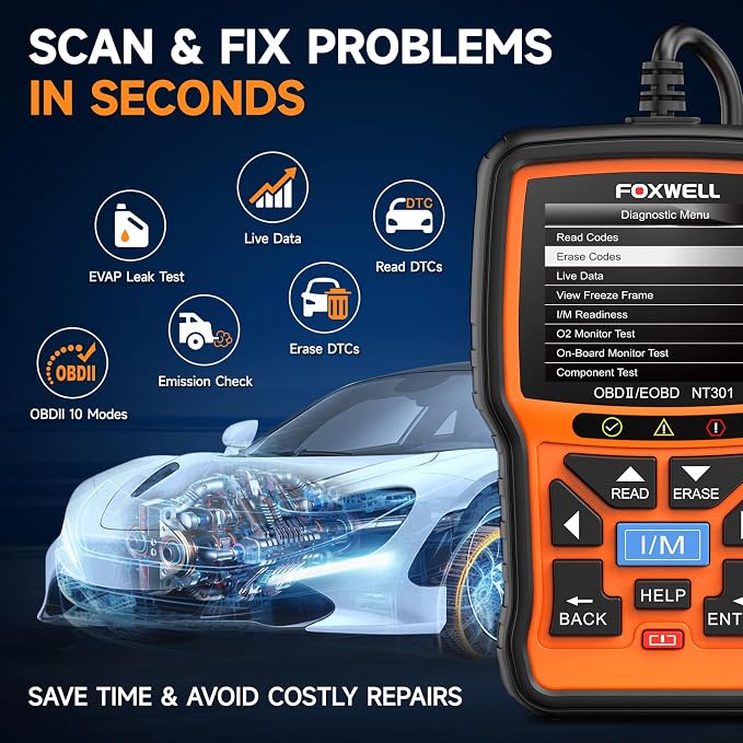 FOXWELL NT301 OBD2 Scanner Live Data OBDII Diagnostic Code Reader Tool & Portable Carrying Case for OBD2 Scanners & Battery Testers