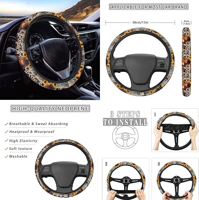 Wanyint Aztec Highland Cow Cowboy Sunflower Car Seat Covers Full Set Pack of 12, with Steering Wheel Cover Seat Belt Pad Armrest Pad Handbrake Cover Gear Shift Cover Handbrake Cover Cup Coaster