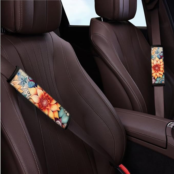 BIGCARJOB 12 Pcs Boho Lotus Car Seat Set Universal Interior Accessories Full Set for Women Car Front Rear Seat Protector,Seat Belt Cover,Armrest Pads,Cup Holder Coaster