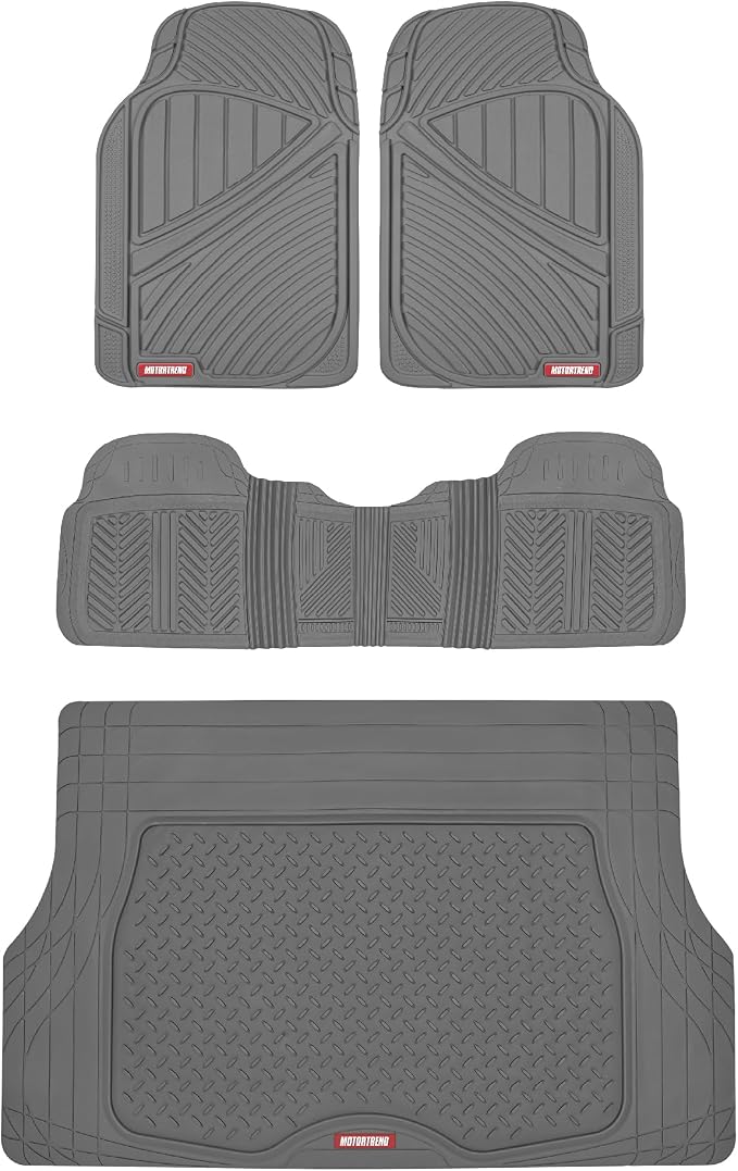 Motor Trend FlexTough Performance All Weather Rubber Car Floor Mats with Cargo Liner – Full Set Front & Rear Odorless Floor Mats for Cars Truck SUV, BPA-Free Automotive Floor Mats (Gray)