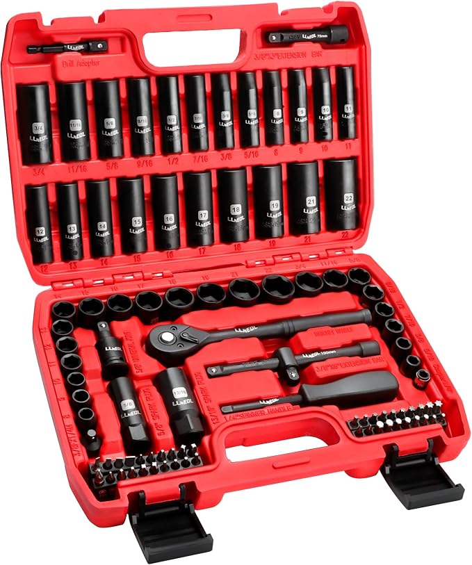 LLNEDL 3/8" Drive Impact Socket Set 95Pcs, Spark Plug Socket (5/8", 13/16"), 6 Point Metric & SAE from 5/16"- 3/4", 8-22mm, CR-V Deep & Shallow Kit with Quick Release Ratchet (72-Tooth) for Home & DIY