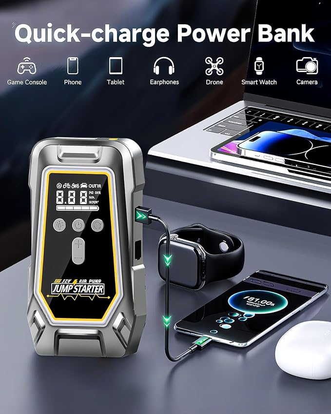 Jump Starter with Air Compressor,Portable Car Battery Booster (8.0 Gas/6.5L Diesel) with 150PSI Auto-Shutoff Tire Inflator,12V Supersafe Lithium Jump Box Car Battery Jumper Starter with LCD Display