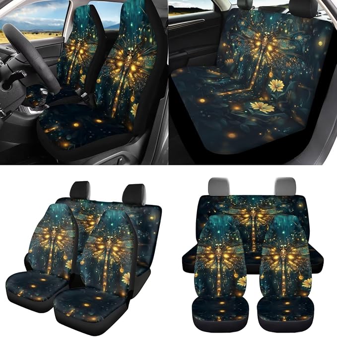 8 Pcs Green Dragonfly Car Accessories for Women Car Seat Covers Full Set with Front Seat Cover Steering Wheel Armrest Cover Seat Belt Cover for Auto SUV Interior Decoration