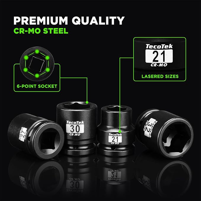 TecoTek 3/4" Drive Shallow 6-Point Impact Socket Set, 15-Piece Heavy Duty Impact Socket Set, CR-MO, Metric (17mm to 55mm), Enhanced Storage Case