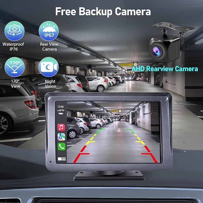 Portable Wireless Radio with Apple CarPlay and Android Auto Screen for Car, 7 Inch Anti-Glare Touchscreen Radio with Bluetooth Hands-Free/Navigation/Voice Control/AHD Backup Camera, for All Vehicles