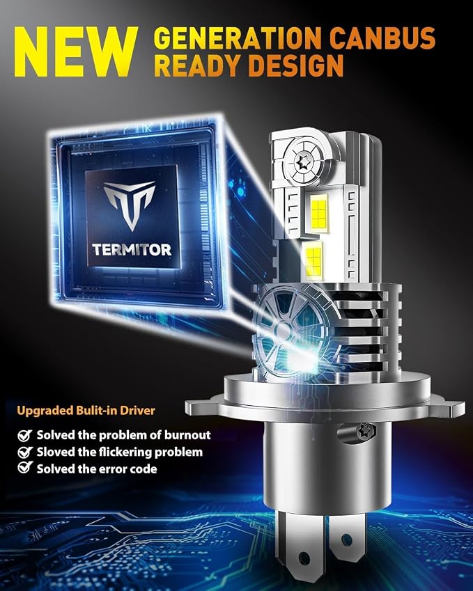 Termitor H4/9003/HB2 Hi/Low Beam HID Kits for Motorcycles, 30,000LM High Intensity Output, 1:1 Halogen Replacement, 6500K Pure White, 70,000Hr Lifespan, Easy Plug and Play Installation, Pack of 1 | 1:1 OEM Fit, Long Life, High Output, Simple Install, H...