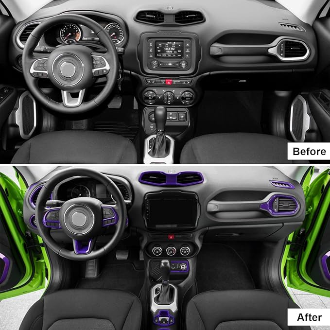 CheroCar 31 PCS Full Set Interior Decoration Trim Kit Steering Button Cover Door Handle Cover Air Outlet Cover Cup Holder Gear Cover Trim Door Speaker Cover for Jeep Renegade 2016-2018,Purple…