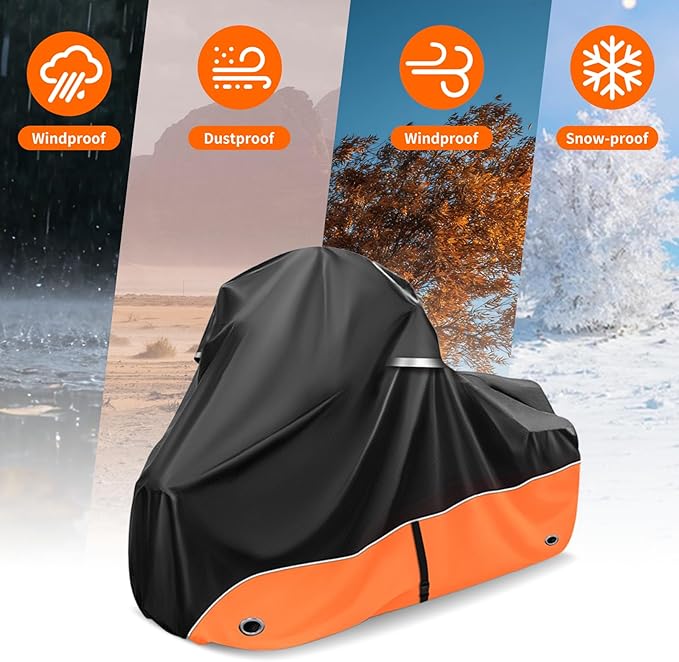 Motorcycle Cover 420D Heavy Duty All-Season Weatherproof Outdoor Protective Cover, Featuring Ventilation Holes & Night Reflective, 96" XXL Vehicle Cover/Black Orange