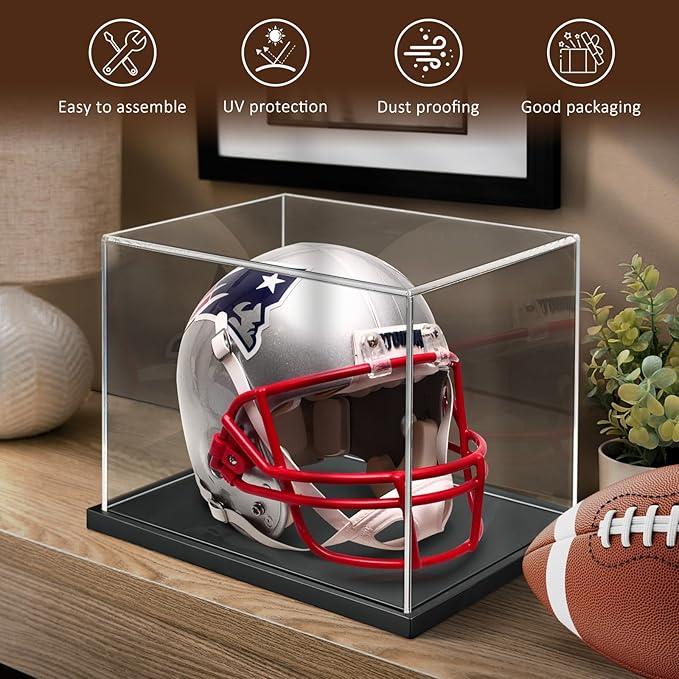 Mini Football Helmet Display Case with Clear Acrylic Cover and Black Solid Wood Base, Great for Sports Enthusiast, Diecast Cards Collectibles Dolls Figurines (Not Full Size)