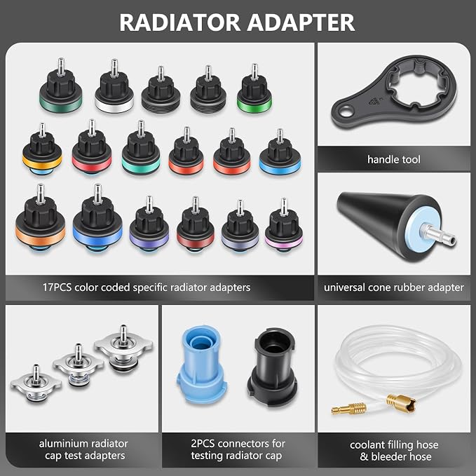 DNA MOTORING 28pcs Radiator Coolant Pressure Tester Vacuum Refill Tool Kit for Most Vehicles,with Carrying Case,Red,TOOLS-00315