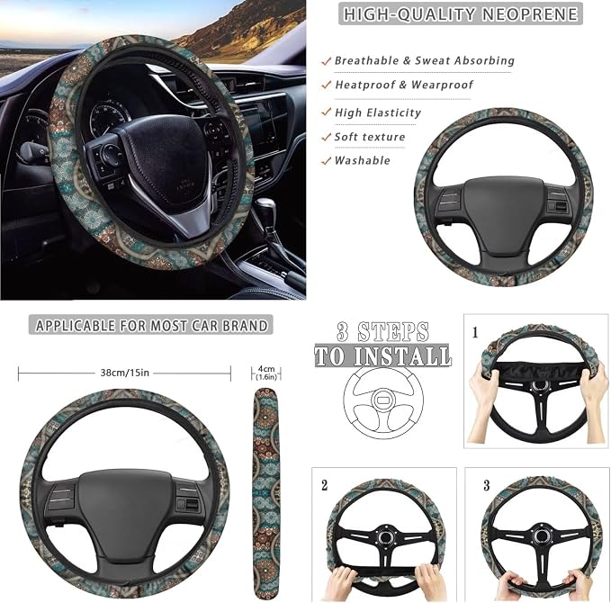 Boho Paw Print Auto Seat Covers Full Set, 10 Pcs Universal Fit Interior Accessories Decor Steering Wheel Cover Car Trash Bin Keychain Coasters Air Vent Storage Box for Women Men