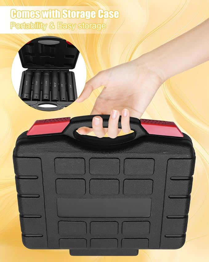 1/2 Inch Drive Extended Length Impact Socket, Extended Deep Sockets Hex Sizes 3/4in 7/8in 15/16in 1-1/16in 1-1/8in 1-1/4in Impact Set Heavy Duty with Case, 6PCS