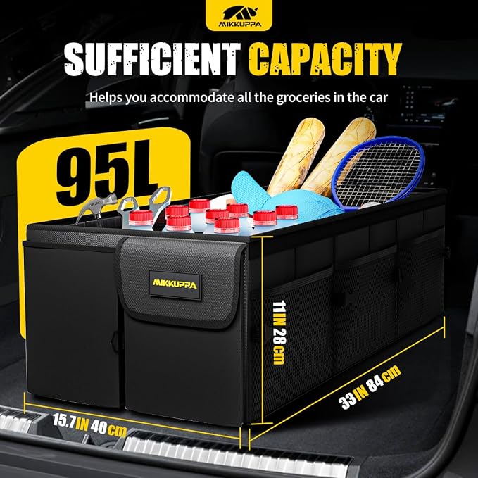 MIKKUPPA Car Trunk Organizer with Cooler - 95L Collapsible Trunk Organizer with Lid, Trunk Storage Organizers for SUV Truck Van with Adjustable Straps and Non Slip Bottom (Black, XX-Large with Cooler)
