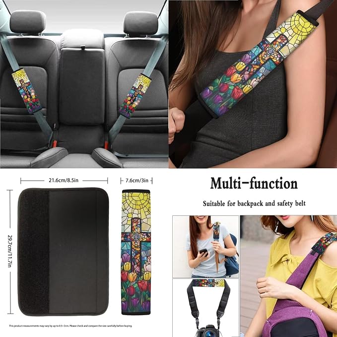 Stained Glass Cross Tulip Pattern Car Accessories Pack of 13, Auto Front and Rear Seat Cover Full Set, 1 Steering Wheel Cover, 4 Seat Belt Cover, 4 Cup Holder Coasters Universal Fit