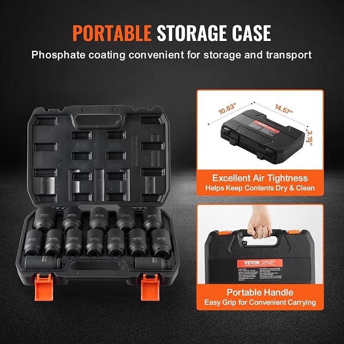 VEVOR Axle Nut Impact Socket Set - 1/2" Drive Deep 6+12-Point 14-Piece Metric Spindle Nut Socket CR-V Heat Treated Large Socket Set with Storage Case for Auto Repair, Removing or Installing Axle Nuts