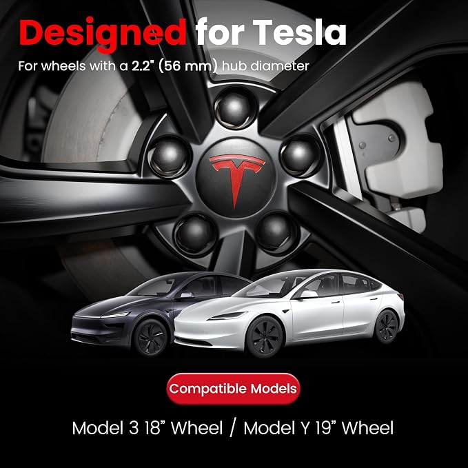 4 Pack Car Wheel Center Hub Cap Kit with 22 Lug Nut Covers, 2.2 in (56mm) Wheel Rim Covers Center Hubcaps with Emblem for Model 3 / Model Y, Matt Black & Red Exterior Decoration for Tesla