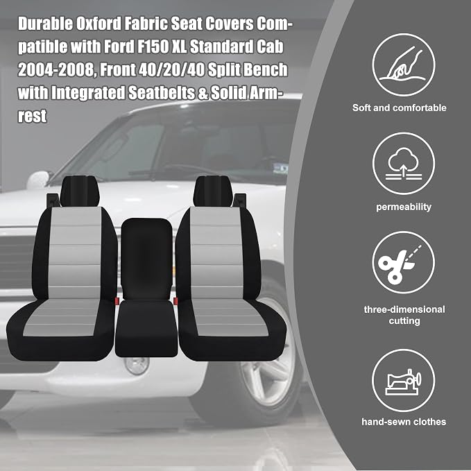 Front Durable Fabric Seat Covers for Ford F150 XL XLT Standard Cab 2004 2005 2006 2007 2008, Front 40/20/40 Split Bench with Integrated Seatbelts & Solid Armrest-Gray
