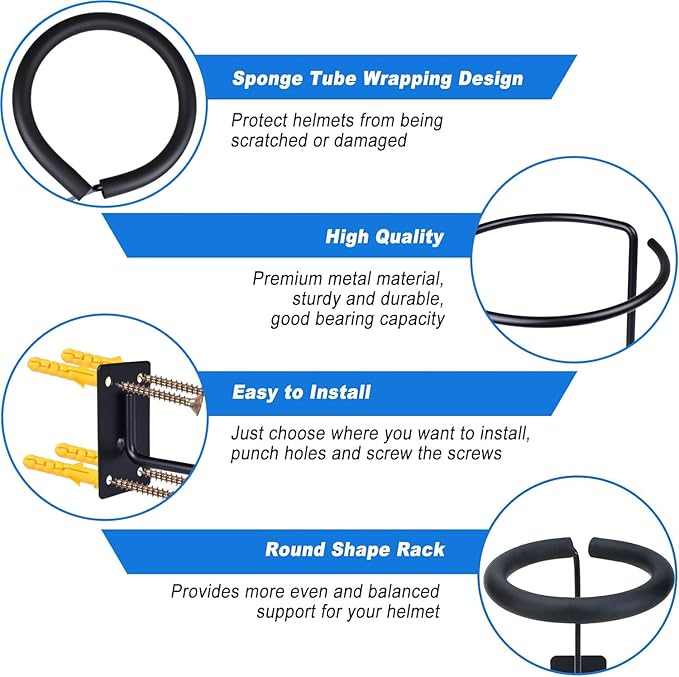 Toolly Wall-Mounted Motorcycle Accessories Helmet Holder Metals Hanger Multifunctional Helmet Rack with Sponge Tubes and Expansion Screws