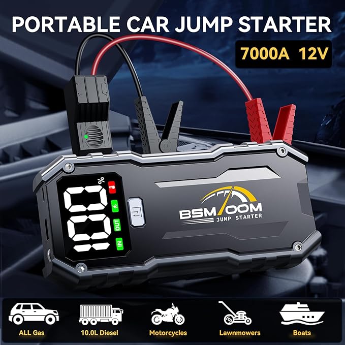 Jump Starter, 7000A 26800mAh Jump Starter Battery Pack, Car Jump Starter Battery Pack for up to All Gas and 10.0L Diesel Engines with LED Display, LED Light, Power Bank with Type C Port