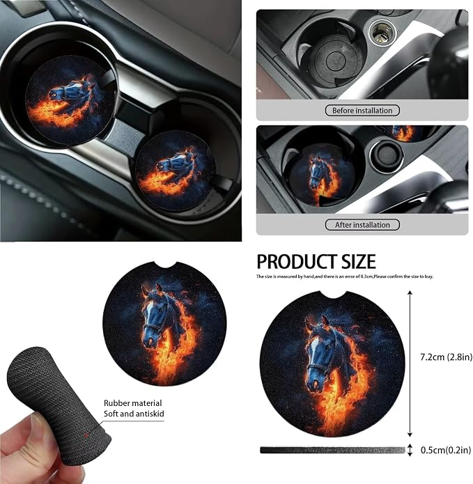 Horse Fire Pattern Car Accessories Set of 15, Front Rear Seat Covers Steering Wheel Cover Seatbelt Cushion Coasters Keychain Trash Can Air Vent Bag Universal Fit