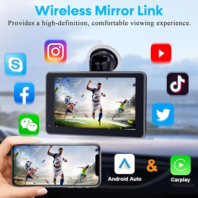 3-Min Easy Install Portable Wireless Carplay Screen: Plug-Play Support Apple CarPlay & Android Auto - 7 Inch HD 1080P Car Touchscreen Upgrade Voice Control GPS Navigation for Commuters & Older Cars